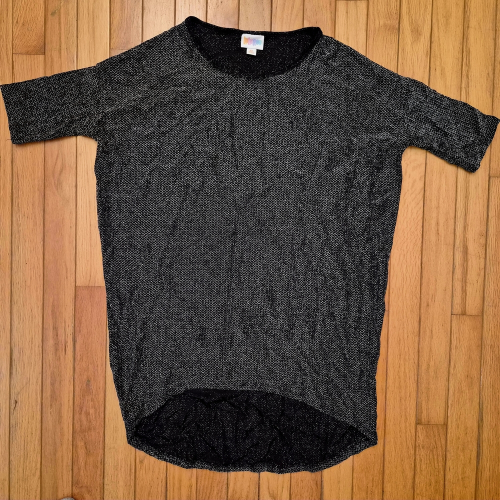 LuLaRoe Irma Tunic Top Metallic Shimmer Black Silver Elegant Hi-Low Oversized XS